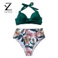 Zentora Floral Print Bikini Set Leaf Print High Waist Bikini Set for Women Halter Top Quick Drying Swim Trunks Beachwear Set for Bikini Set. 