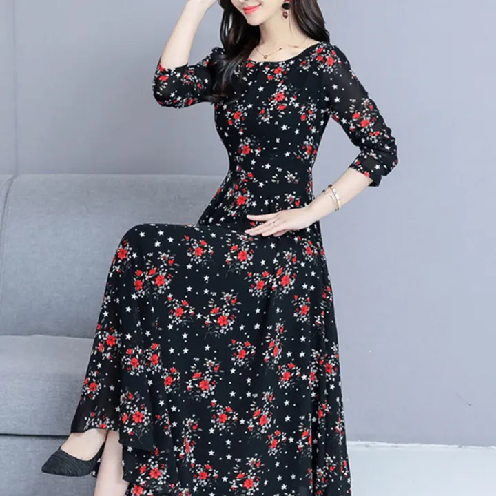 bellylady%20Women%20Cotton%20Sweet%20Floral%20Printing%20Dress%20Long%20Sleeves%20Large%20Size%20A-line%20Skirt%20Fashion%20Loose%20High%20Waist%20Dress%20-%20Image%203