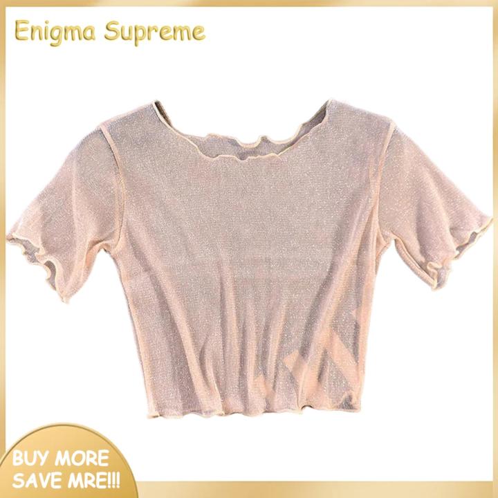 Enigma- Women T-shirt Short Sleeve See-through Mesh Crop Tops