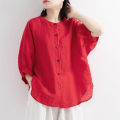 bellylady Summer Lantern Sleeve Tops For Girls Students Solid Color Cotton Linen Blouse Round Neck Pullover Shirt. 