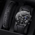 2Pcs Male Leather Bracelets Quartz Watch Set Man Fashion Casual Accessories. 