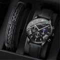 Enacolor 2Pcs/Set Simple Male Leather Bracelets Quartz Watch Set Fashion Casual Accessories Men Gift. 
