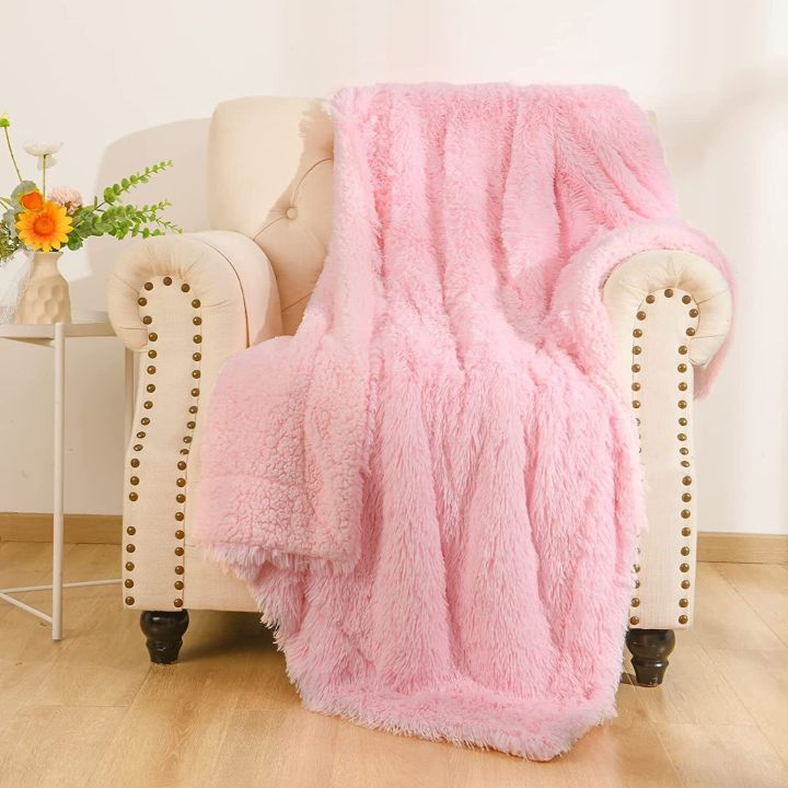 (size : 35 x 60) Inches Luxury Faux Fur Blanket Thicken Warm Elegant Cozy Faux Fur Throws For Sofa Throw Blanket Pink Color