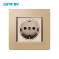 【LuxeGlow】SRAN EU power socket 16A 250V stainless steel brushed panel Metal plating edge 86mm*86mm Gold wall socket. 