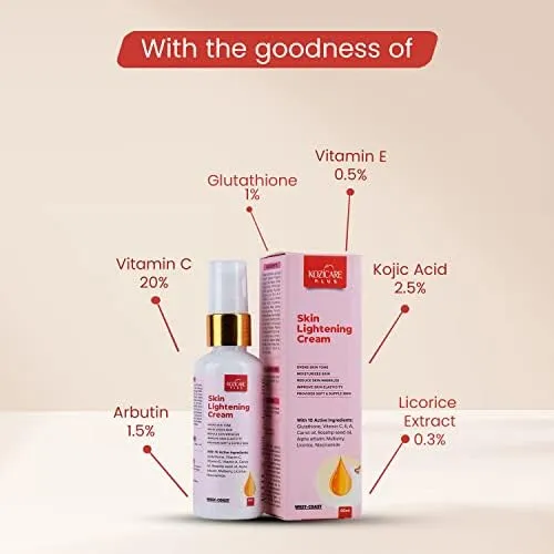 Kozicare Plus Skin Lightening Cream with Kojic Acid 2.5%, Glutathione 1%, Vitamin C 2%, Vitamin A, Carrot Oil 0.5%, Rosehip Oil 0.5%, Arbutin 1.5%, Mulberry 0.5%, Licorice 2% & Niacinamide 1%