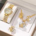 Fashionable Women's Jewelry Set: 5PCS - Watch, Rhinestone Quartz Watch, Crystal Necklace, Earrings, Ring. 