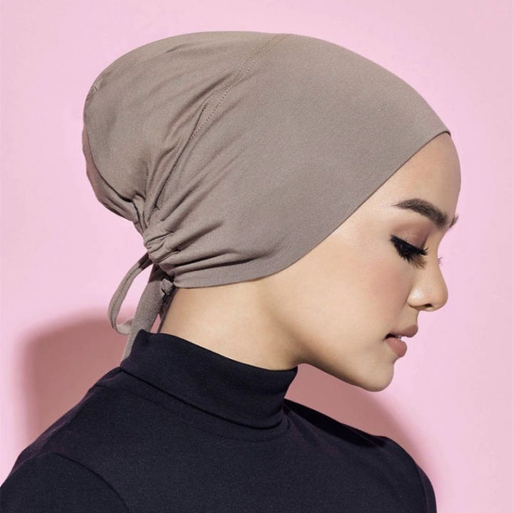 Women Hat Inner Cap Stretch Under Hijab Jersey With Rope Head Hood