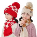 2Pcs/Set Winter Cute Pompom Children Hat Scarf Set Neck Warmer Woolen Knitted Scarf Cap Checkerboard Kids Beanie Caps Gifts. 
