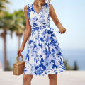 Yfashion Women Floral Dress Sleeveless V Neck High Waist A Line Dress Flowy Swing Shift Dresses With Belt. 