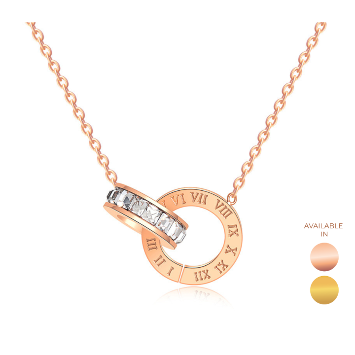 CELOVIS Athena Interlocking Zirconia Double Ring Pendant with Roman Numeral Chain Necklace for Women ( 18K Rose Gold/ Gold )