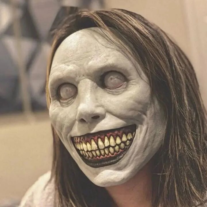 【HUT】 Halloween Terror Latex Mask Happy Exorcist Mask Smile White Eyed Demon Headgear Halloween Party Supplies COS Costume Dressing