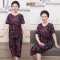 Summer New Loose Mom Wear Short Sleeve Leisure Extra Large Oversized Middle-Aged and Elderly Grandma's Suit Imitation Ice Silk Two-Piece Suit. 