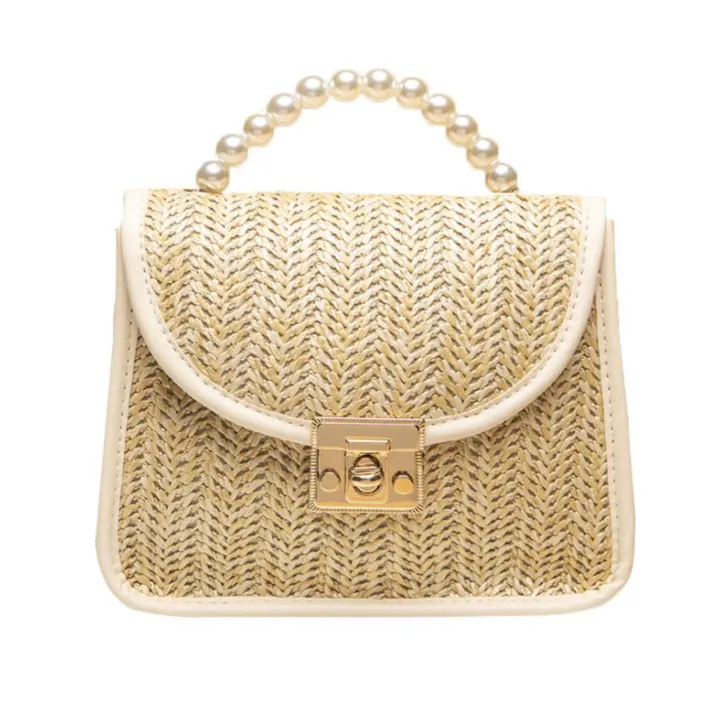 Ladies Sweet Style Messenger Bag, Girls Creative Straw Braid Faux Pearl Hand Grip Handbag Chain Shoulder Bag for Dating Beach