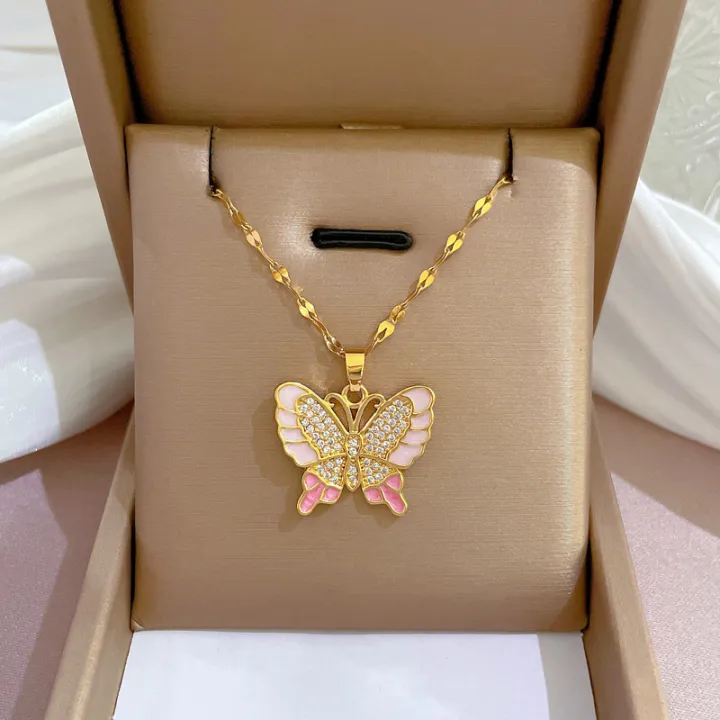 DIEYURO%20316L%20Stainless%20Steel%20Pink%20Cute%20Butterfly%20Pendant%20Necklace%20For%20Women%20Fashion%20Girls%20Clavicle%20Chain%20Jewelry%20Birthday%20Gifts%20-%20Image%205