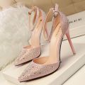 2023New Korean Style Rhinestone Pointed Toe Bridal Wedding Shoes Silver Girl High Heel Sandals All-Matching Ankle-Strap Buckle Shoes. 