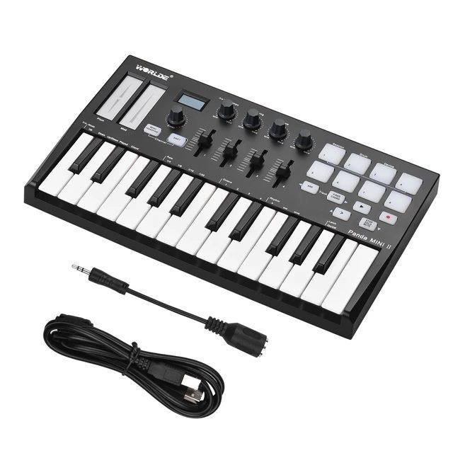 WORLDE%20Panda%20MINI%20II%20Portable%2025-Key%20USB%20MIDI%20Keyboard%20Controller%20with%208%20RGB%20Backlit%20Trigger%20Pads%204%20Assignable%20Control%20Knobs%204%20Assignable%20Sliders%20-%20Image%202