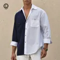 Lans Men's Oversized Patchwork Cuban Collar Shirt – Trendy Contrast Design, Casual Long Sleeve Wear (XS to 3XL). 