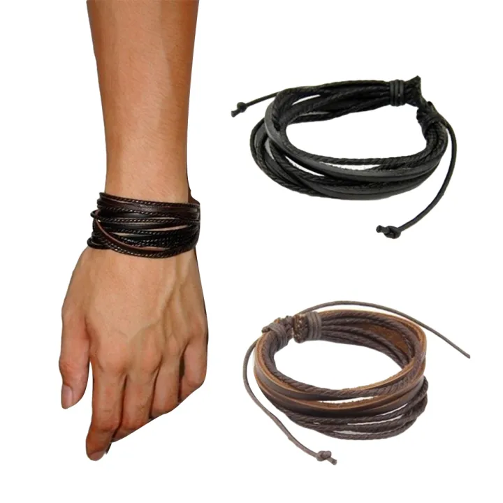 Sunny Fashion Unisex Multi-layer Faux Leather Braided Rope Bracelet Bangle Wrist Gift