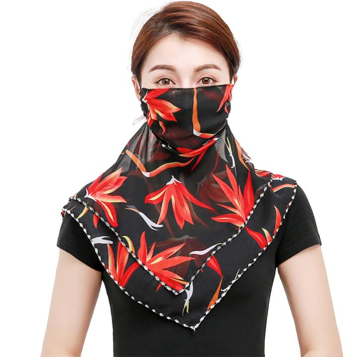 Women Floral Print Breathable Chiffon Sun Proof Veil Shawl Scarf Neck Face Cover