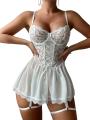 Yfashion 2 Piece Women Lingerie Lace Babydoll Lingerie Sets With Garter Belts V Neck Chemise Nightdress With Thong. 