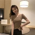 Summer French Minority Design Sense v Collar Slim Top Ice Silk Short Sleeve Bottoming Sweater T T-shirt Women's Spring and Autumn Thin Fashion. 