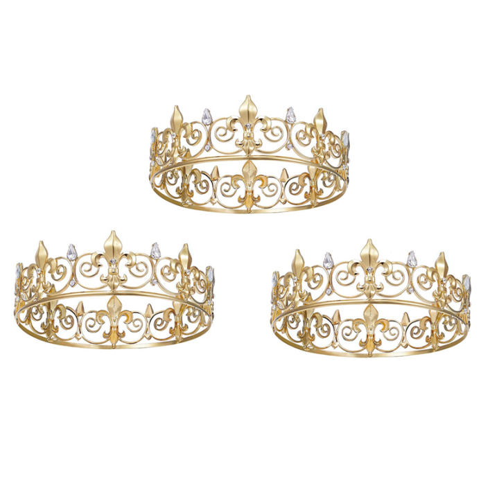 3X Royal Crown for Men - Metal Prince Crowns and Tiaras, Full Round Birthday Party Hats,Medieval Accessories (Gold)