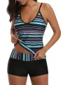 Women Two Piece Tankinis Swimsuit, Stripe Pattern V-neck Spaghetti Straps Tops Middle Waist Patchwork Pantie. 