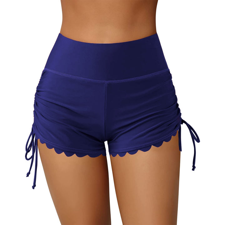 Women Swim Shorts High Waist Drawstring Wavy Hem Solid Summer Bathing Surfing Bottoms Daraz.lk