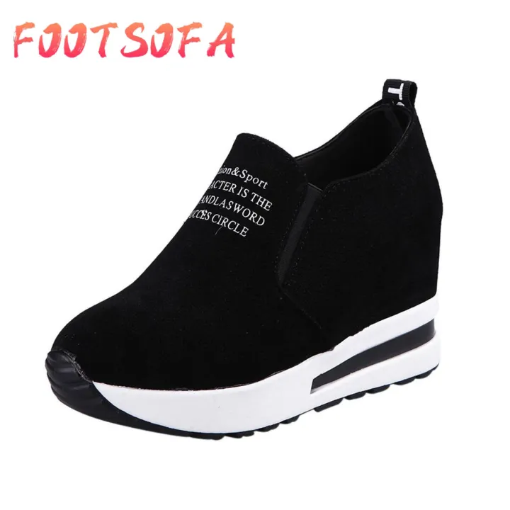 【FOOT SOFA】Women Fashion Casual Flock Slip-On Thick Platform Sport Sneakers Wedges Shoes