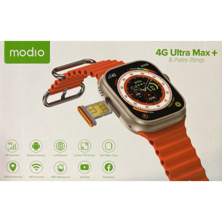 4GB Ram 64GB Rom Modio 4G Ultra Max + Smart Watch 2.2 inch Display 3 Pairs strap 4G Call Compass Wifi GPS Series 8 Ultra Sim Card Ultra Smartwatch