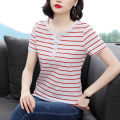 2023Summer New Top Striped Short SleeveTT-shirt Women's Summer Large Size Slimming Korean Style Loose All-Matching Flab Hiding Women's Clothing. 