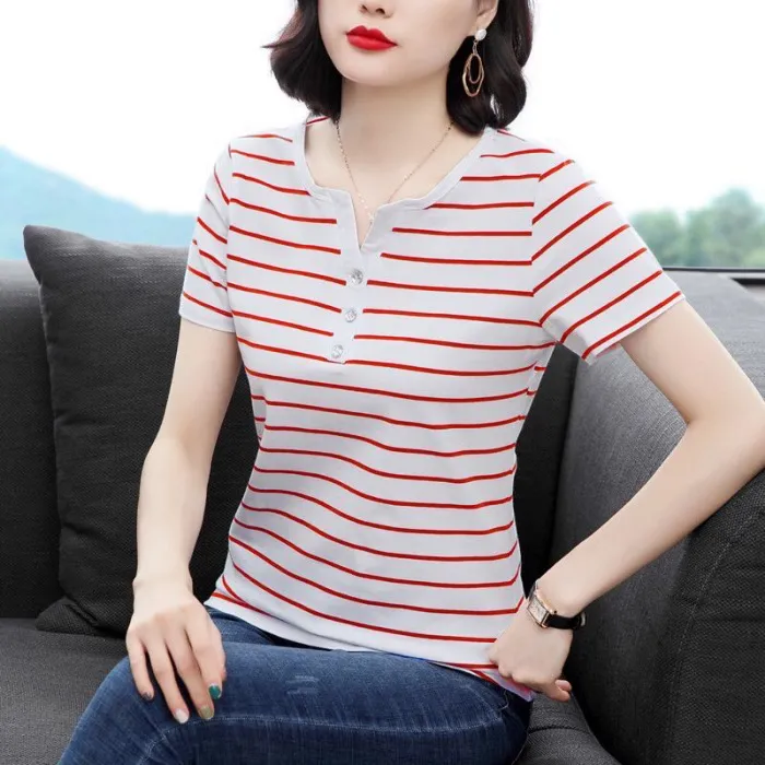 2023Summer%20New%20Top%20Striped%20Short%20SleeveTT-shirt%20Women's%20Summer%20Large%20Size%20Slimming%20Korean%20Style%20Loose%20All-Matching%20Flab%20Hiding%20Women's%20Clothing%20-%20Image%208