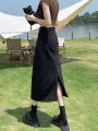 Women's Blue Split Denim Skirt Summer Mid-Length 2024 New Year Small High Waist a Word Hip Skirt. 