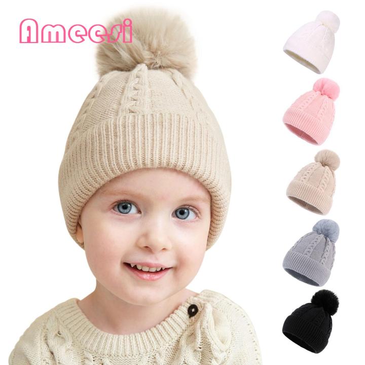 Children Hat Autumn Winter Soft Warm Baby Knitted Hat with Plush Ball Anti-slip Winter Cap for Children