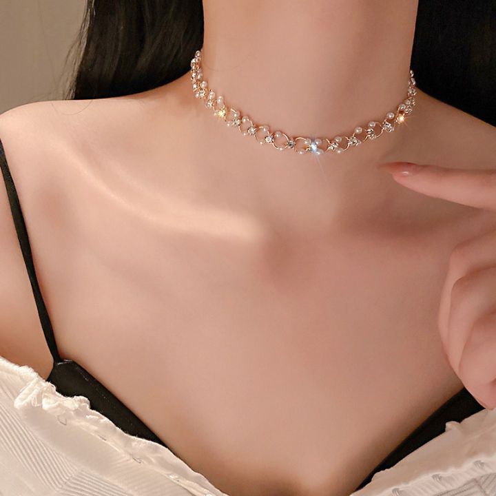 New Korea Fashion Choker Necklace Inlaid Rhinestone Pearl Necklace Women Jewelry Sunlight Mall