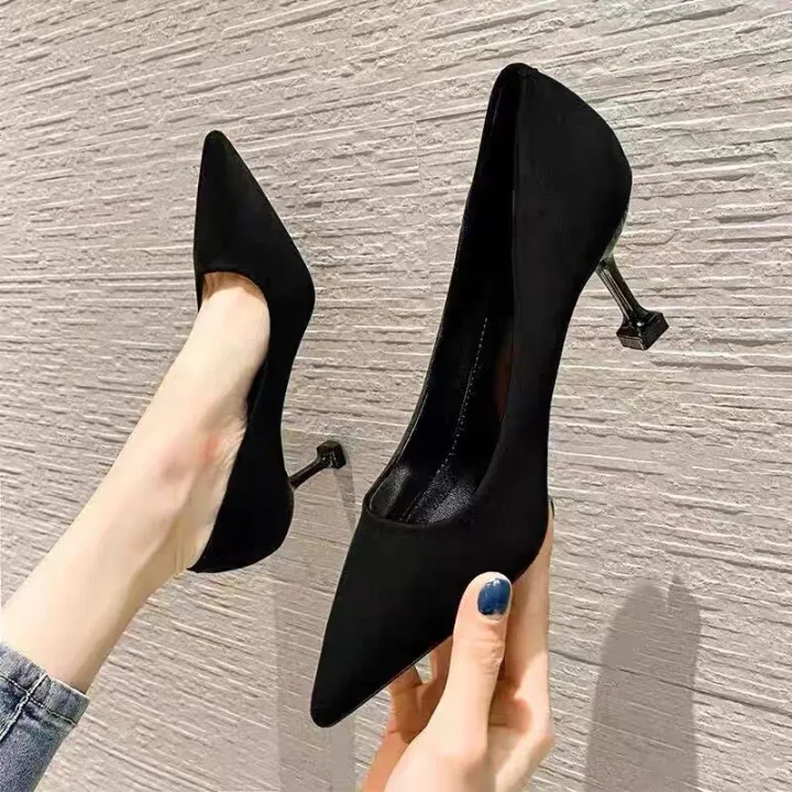 【ZOSR】2023 Spring and Autumn New Arrival K-style Pointed Toe Flats Suede Flats Chunky Heel High Heels Mid-Heel All-Matching Work Shoes for Women