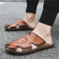 Genuine Cow Leather Slippers Men's Summer Sandals Outdoor Wear Sandals Home Half Slippers Korean Style Trendy Unique Beach Shoes. 