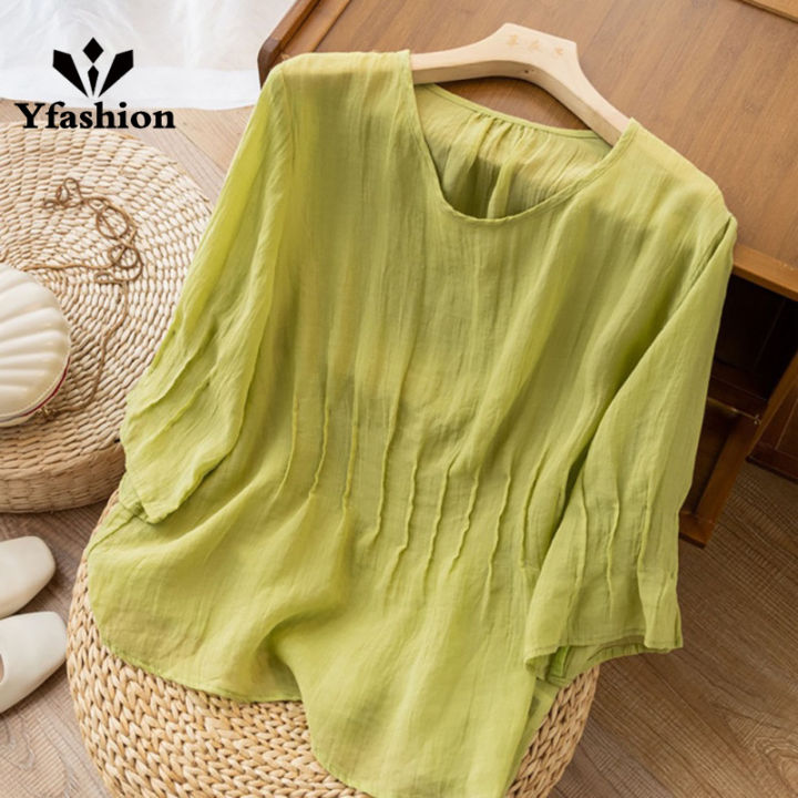 Women Cotton Cotton Linen Shirt Summer Breathable Half Sleeves Tops Round Neck Pullover Solid Color Blouse