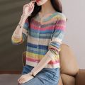 Long Sleeved Knitted Button Cardigan Women Autumn Design Rainbow Fashion Top New Korean Style Slim Short Top Stripe Trend. 