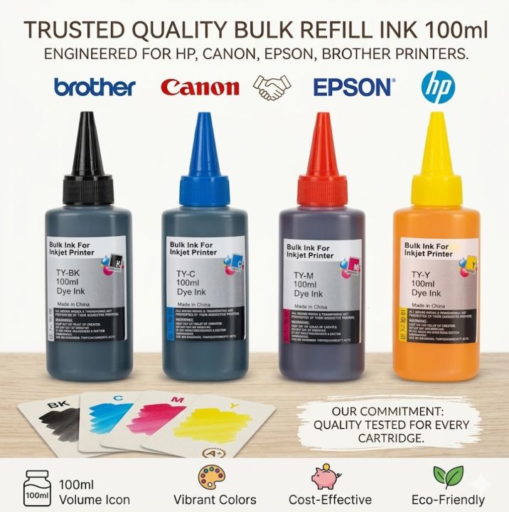 Tinta Ink Universal Refill Bulk Ink 100ml For HP, Canon, Epson, Brother Printers ...