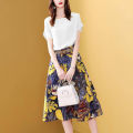 Yfashion 2 Pcs Women Skirt Suit Round Neck Short Sleeve T-shirt High Waist Floral Skirt Leisure Clothing Set color. 