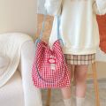 Portable Cherry Red Grid Crossbody Bag Large Capacity Fresh Color Woolen Shoulder Bag Magnetic Buckle Women Handbag Student. 
