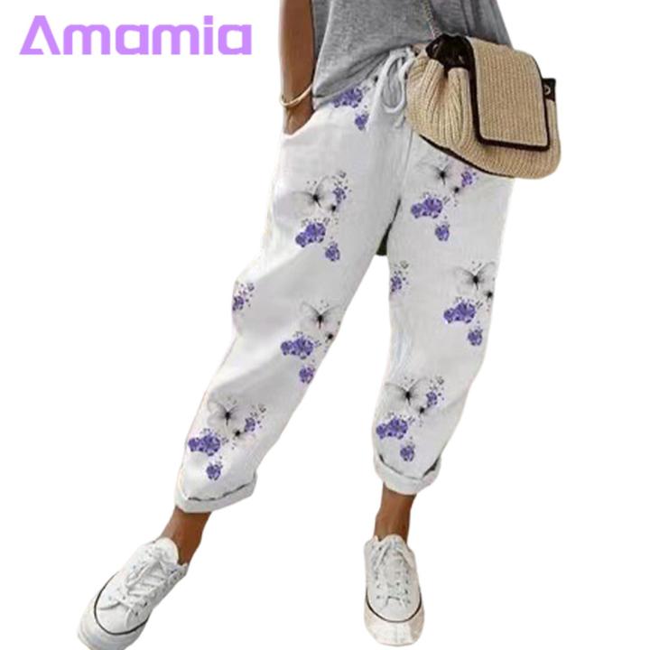 Women Retro Pants Women's Summer Striped Flower Print Casual Pants