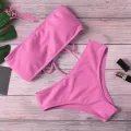 Muses Mall Bathing Suit Solid Color Bandeau Swimming Trunks Split Bikini Set. 