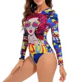 Women's One-Piece Swimsuit, 3D Print Long Sleeve Round Neck Hollow Out Back Bathing Bodysuit. 
