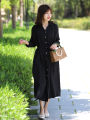 Foreign Trade Export New Linen Dress Black Full Cardigan Shirt plus Size Skirt Three-Quarter Sleeve Cotton and Linen Mid-Length. 
