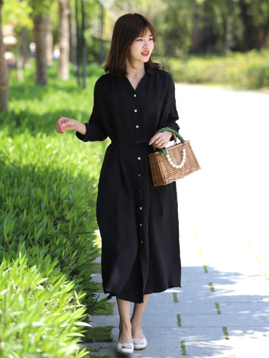 Foreign%20Trade%20Export%20New%20Linen%20Dress%20Black%20Full%20Cardigan%20Shirt%20plus%20Size%20Skirt%20Three-Quarter%20Sleeve%20Cotton%20and%20Linen%20Mid-Length%20-%20Image%203