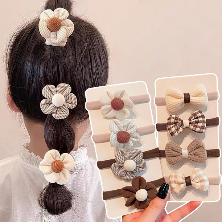4/8Pcs Flower Girls Elastic Hair Bands Sweet Bow Hair Ties