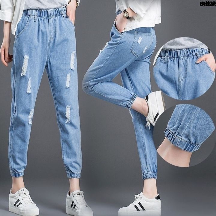 Waist Ripped ′ White Loose Pants ﹉ Kuanxue Korean Fashion Denim Ninth Points … Pants ︹ Women's Drawstring Pants Spring and Autumn Tight {