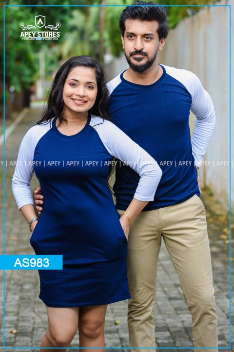 Navy Blue & White Raglan Long Sleeve Couple T Shirt Dress - AS983